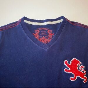 Express Men's V-Neck Tee Shirt in Navy with Red Embroidered Emblem XS